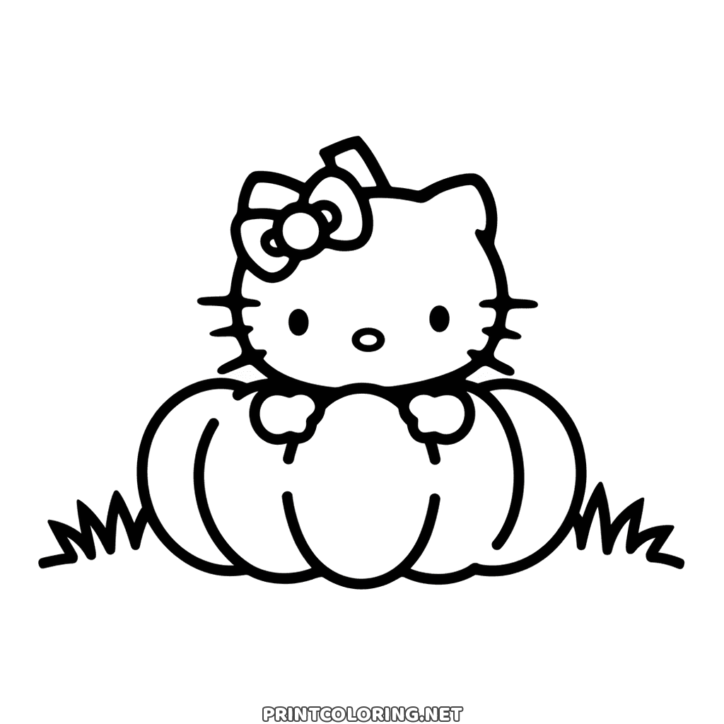 Hello Kitty peeking over a big Halloween pumpkin, easy page to color for little kids