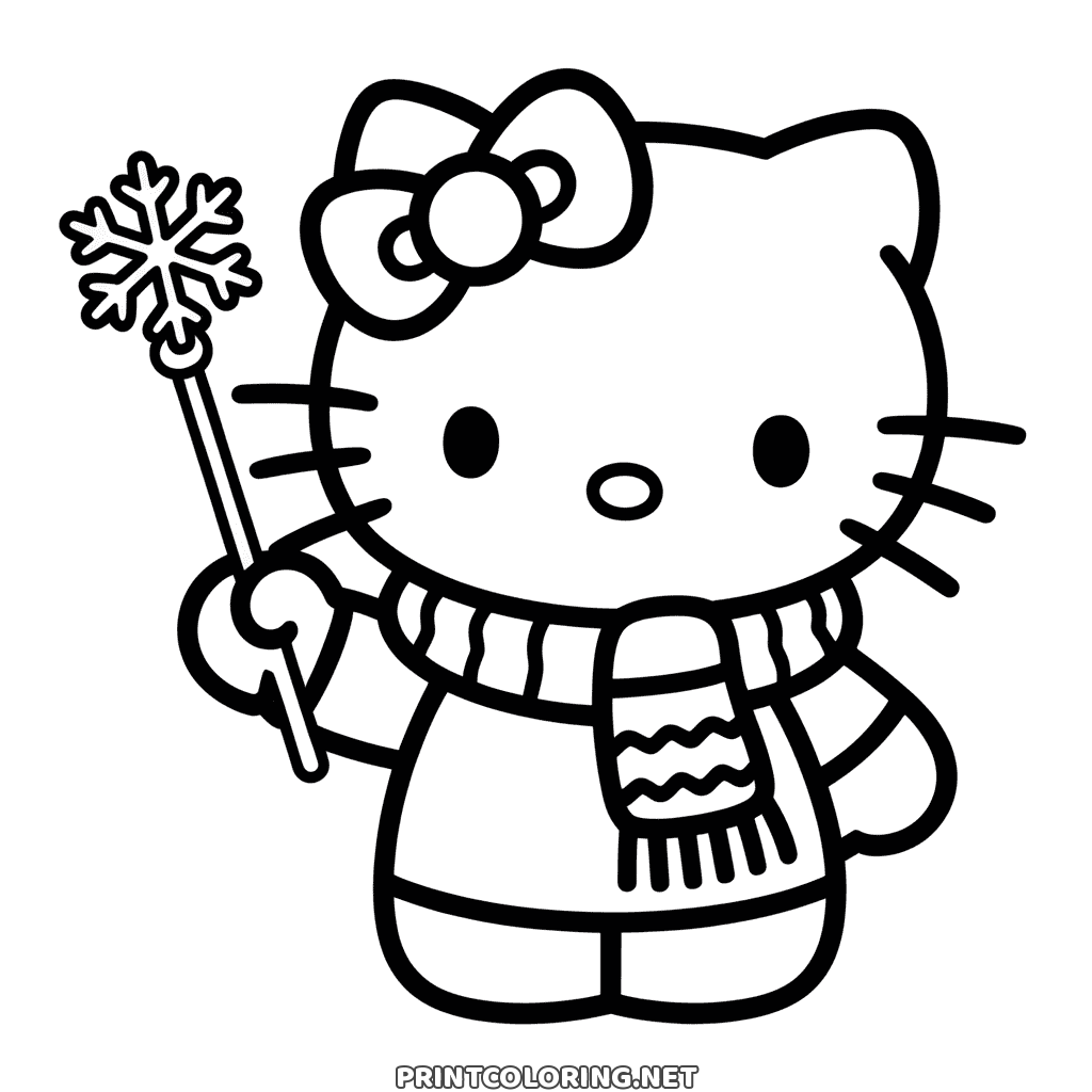 Hello Kitty winter coloring page: Hello Kitty in a knitted scarf holding a snowflake wand