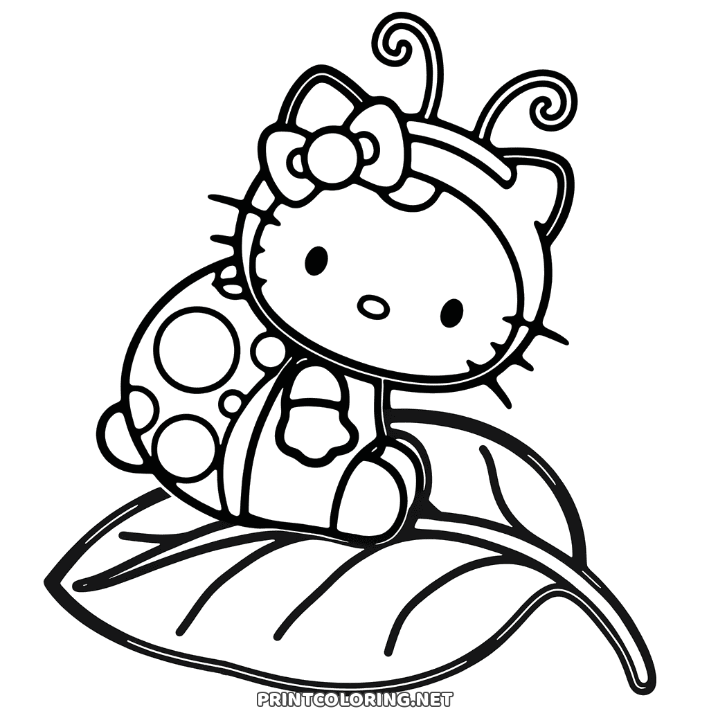 Hello Kitty ladybug coloring page to print, curly antennae and a spotted shell, sitting on a big leaf