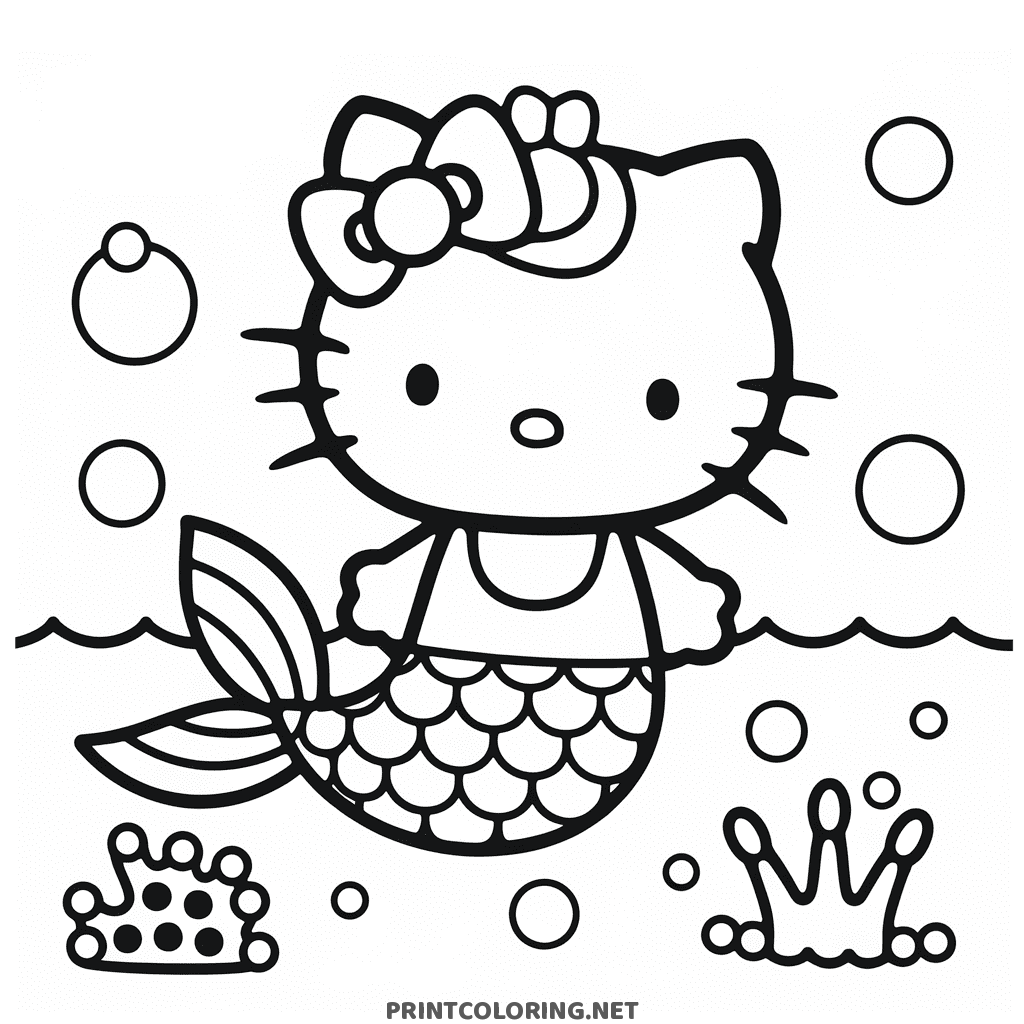 Hello Kitty mermaid coloring page with a scaled tail underwater among bubbles