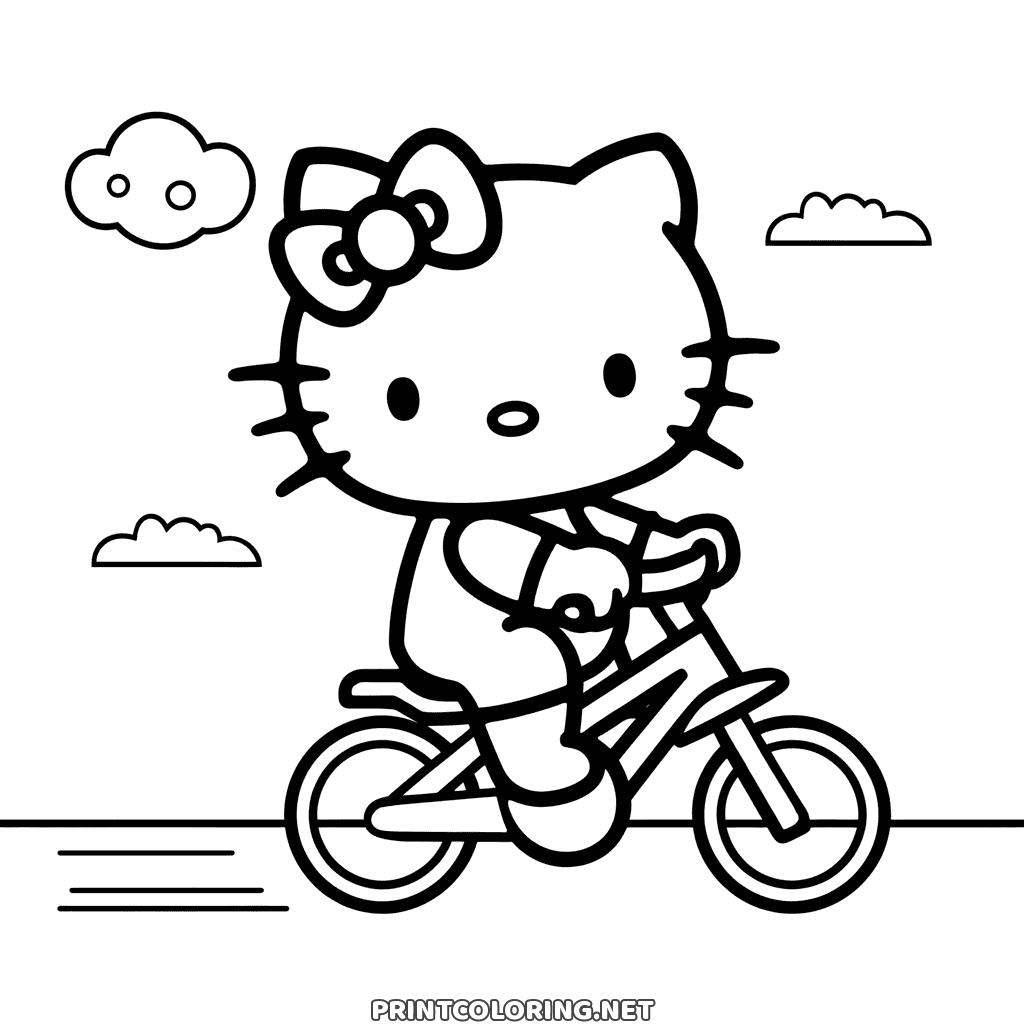 Hello Kitty on a bike coloring page: riding along a road under three clouds, speed lines trailing behind