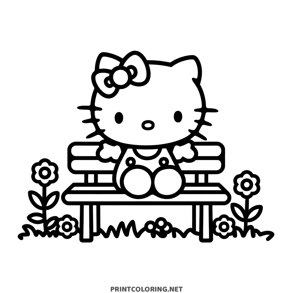 Hello Kitty coloring page sitting on a garden bench surrounded by flowers