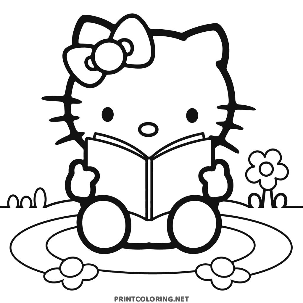 Hello Kitty coloring page sitting outside reading an open book