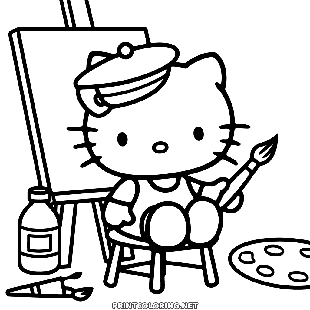 Hello Kitty painting coloring page: in a beret on a stool by her easel, a palette and brushes on the floor