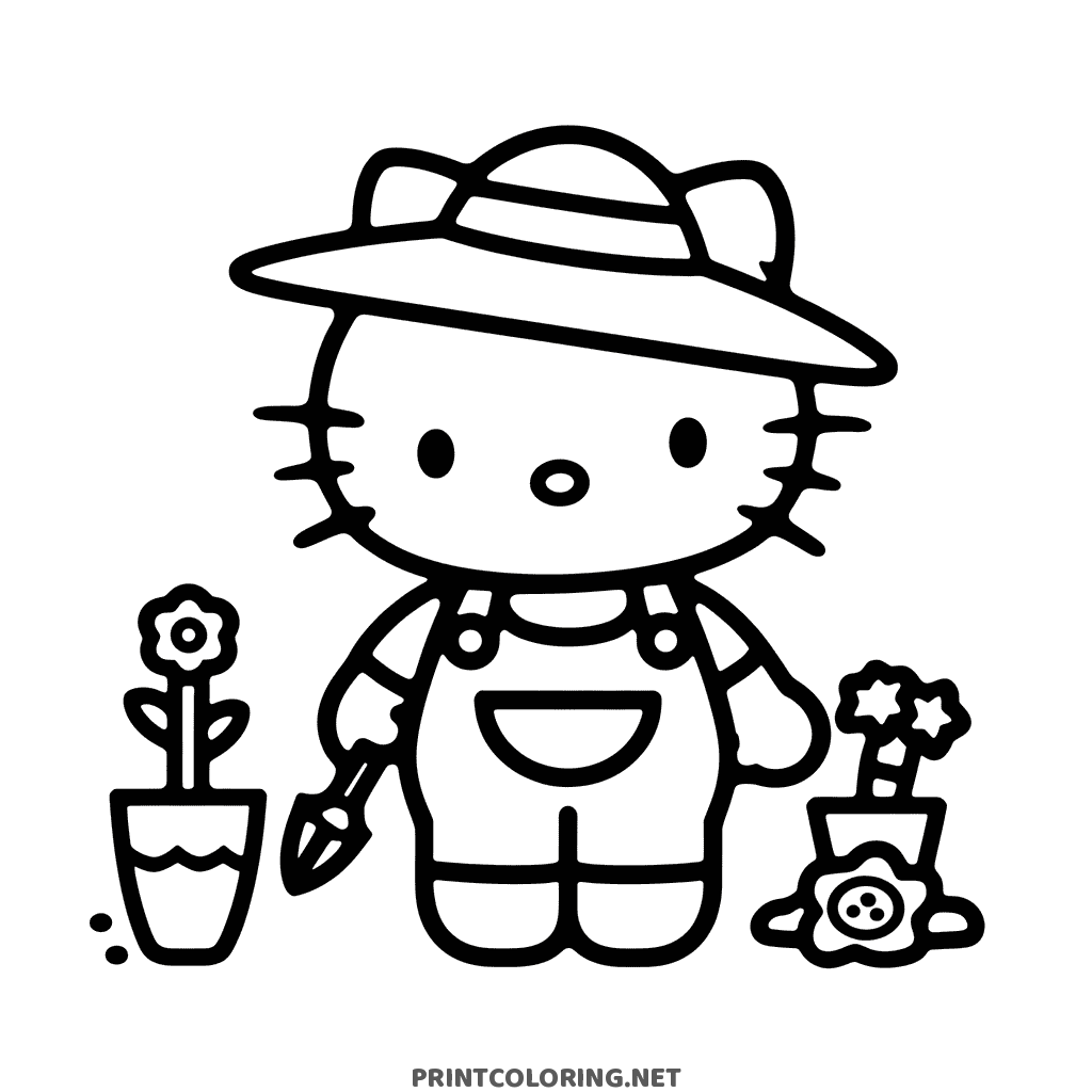 Hello Kitty coloring page wearing a sun hat and gardening overalls with a trowel and potted flowers