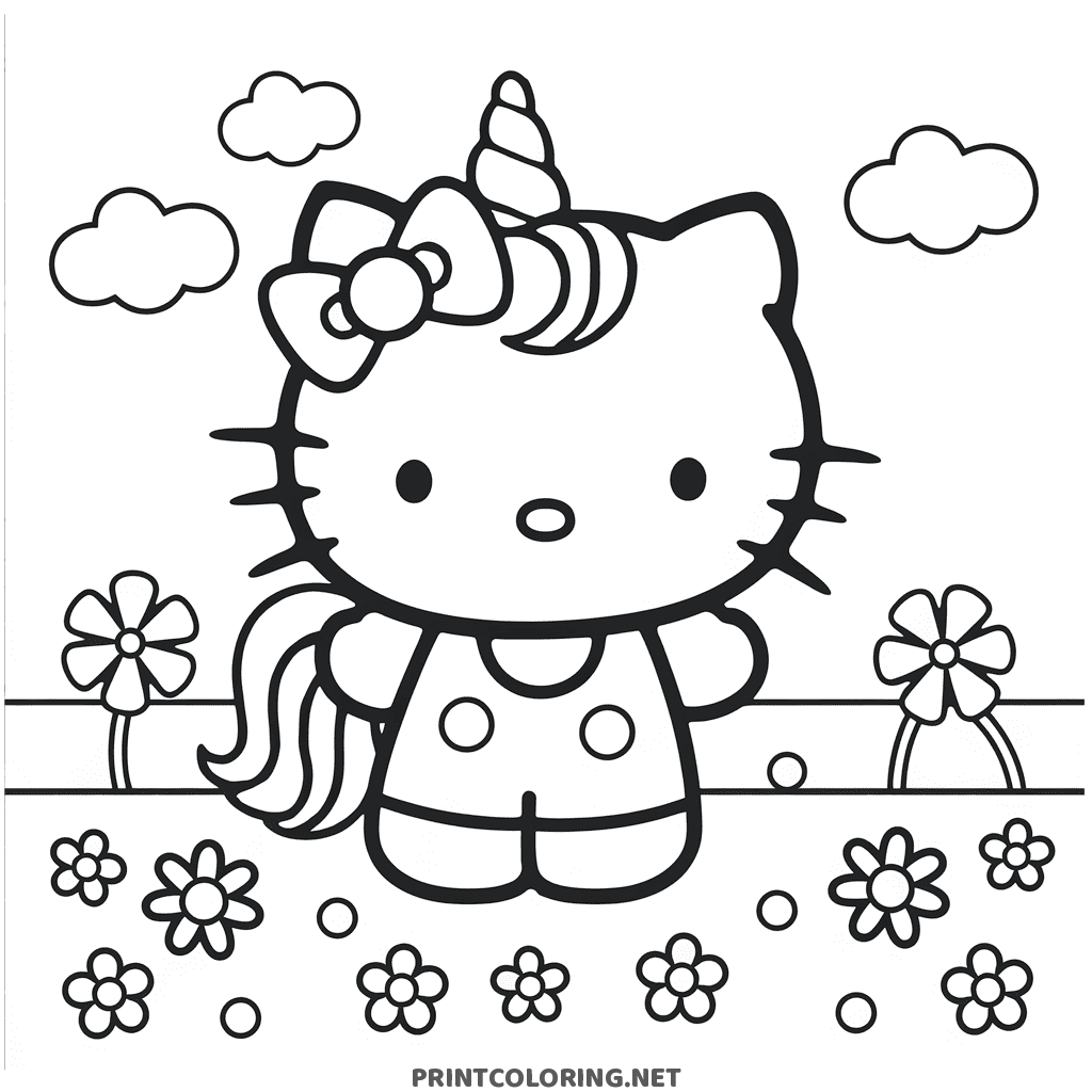 Hello Kitty unicorn coloring page with a horn and flowing mane, standing in a flower field