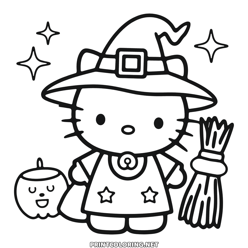 Hello Kitty witch coloring page with a buckled hat, a broom and a small smiling Halloween pumpkin