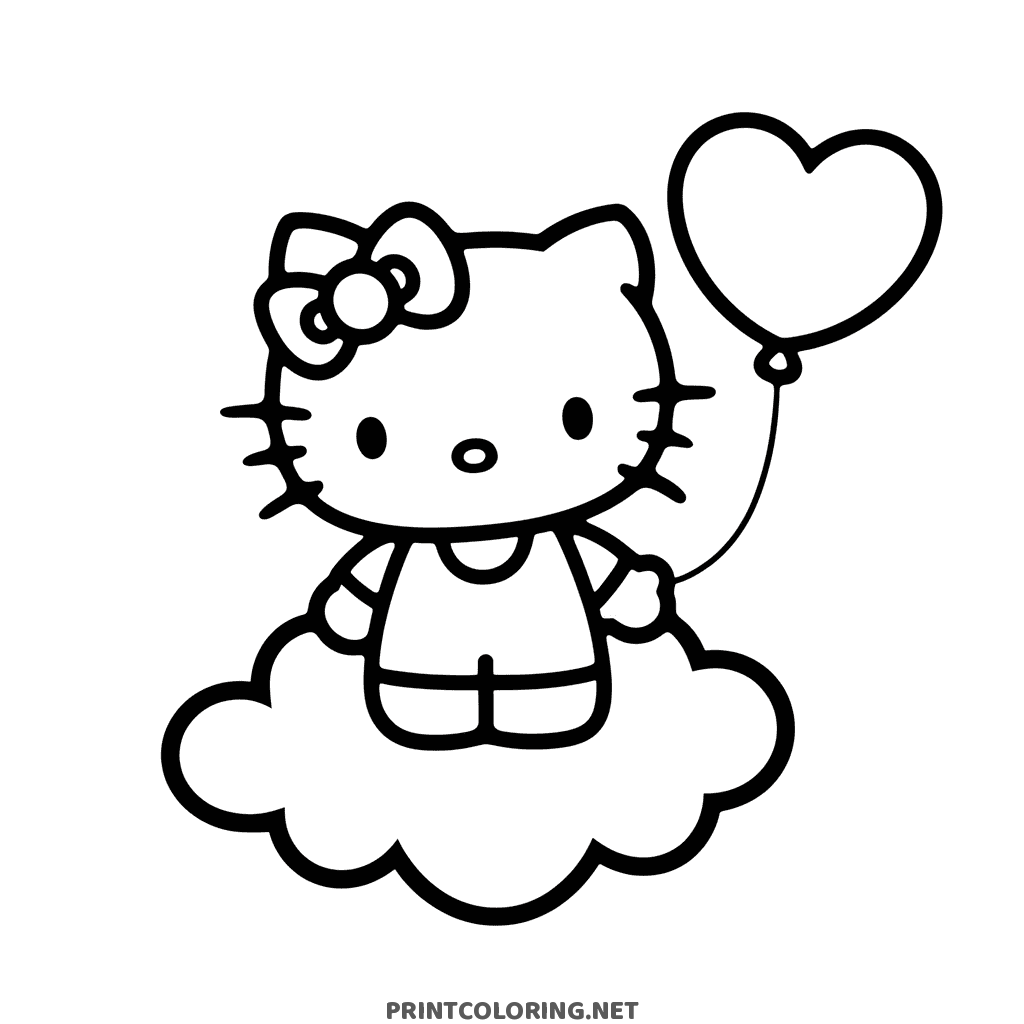 Hello Kitty coloring page holding a heart-shaped balloon while standing on a cloud