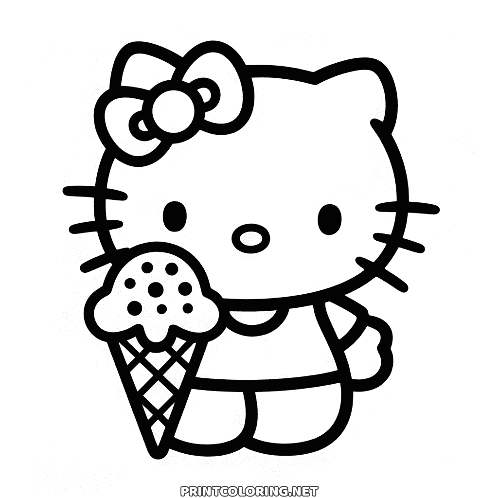 Hello Kitty ice cream coloring page: a big chocolate chip scoop on a waffle cone, an easy sheet for kids