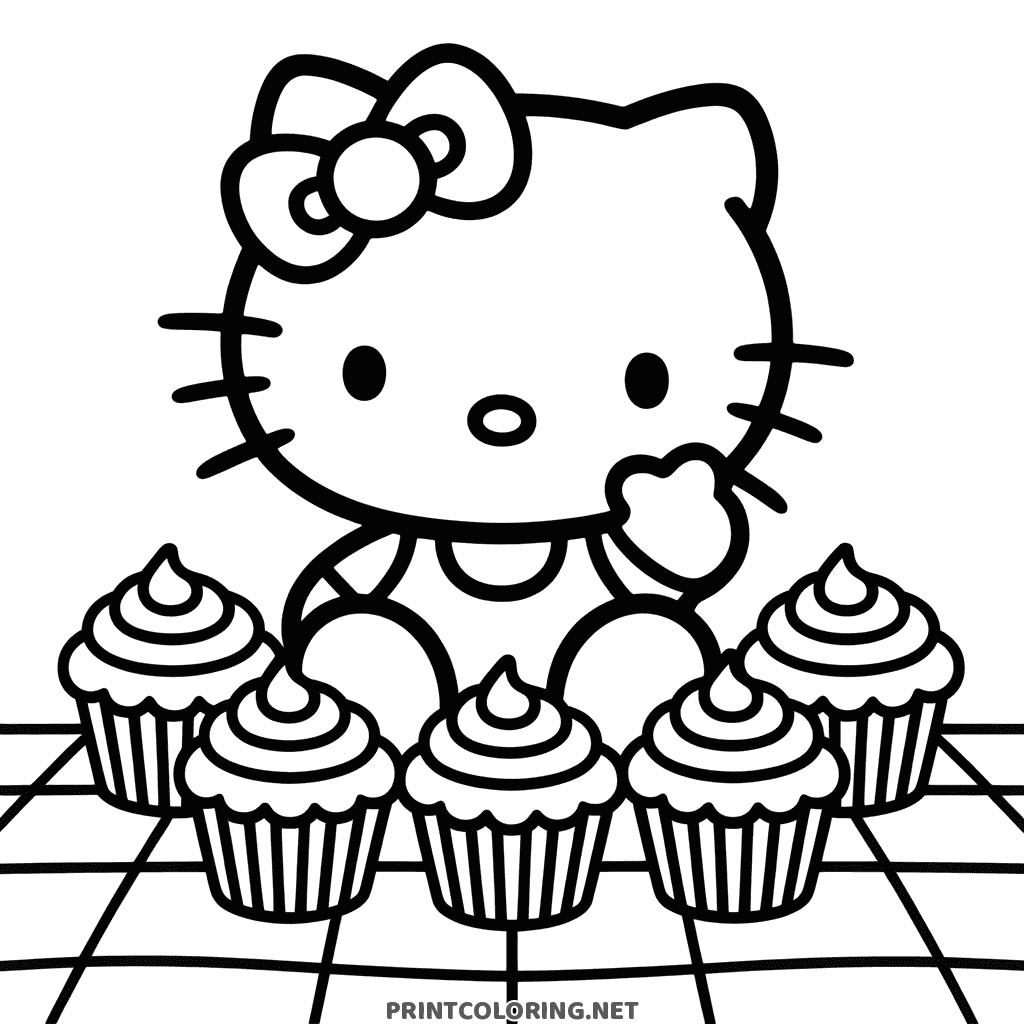 Hello Kitty coloring page standing behind a row of frosted cupcakes on a checkered floor