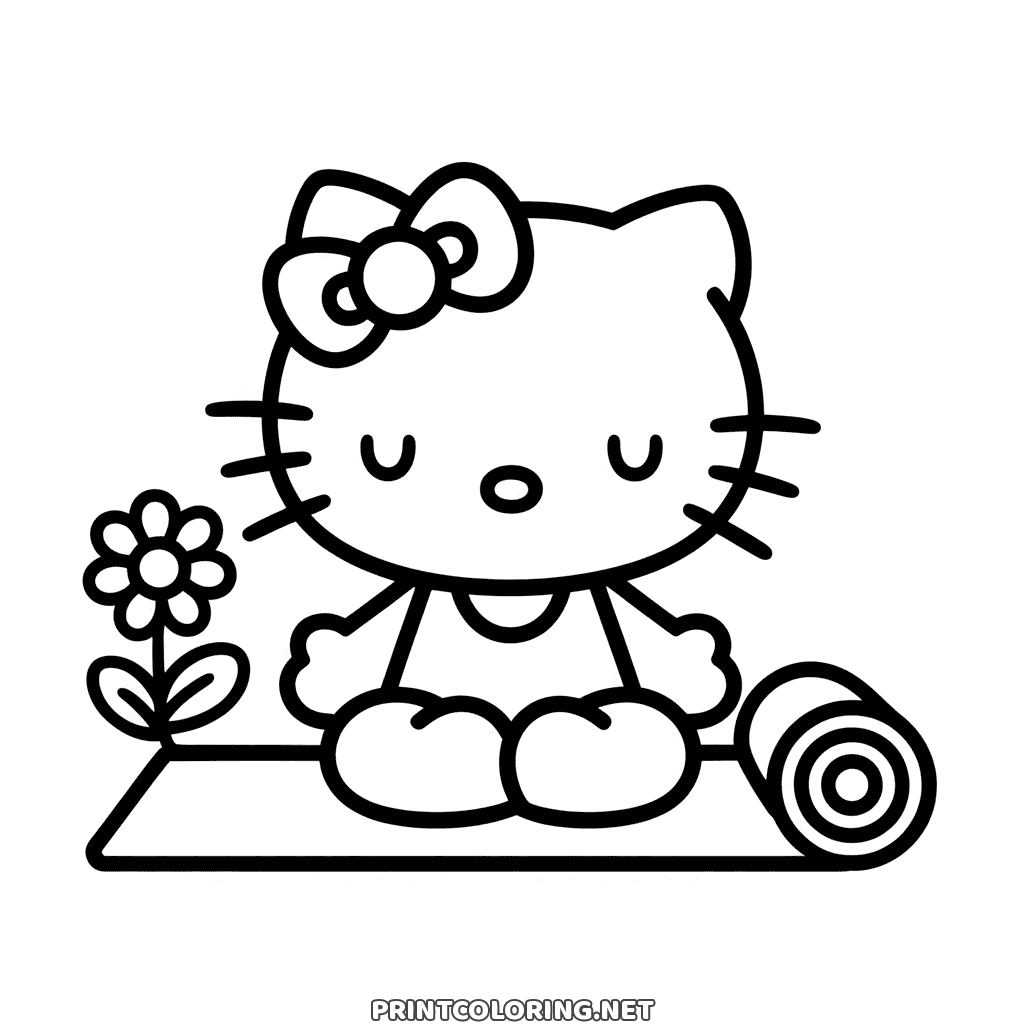 Hello Kitty yoga coloring page, eyes closed and cross-legged on a mat, a flower beside her