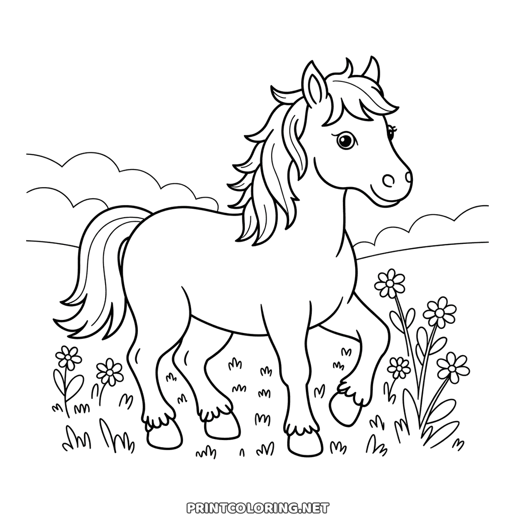 Standing among tall blooms with clouds behind, free printable horse page to color