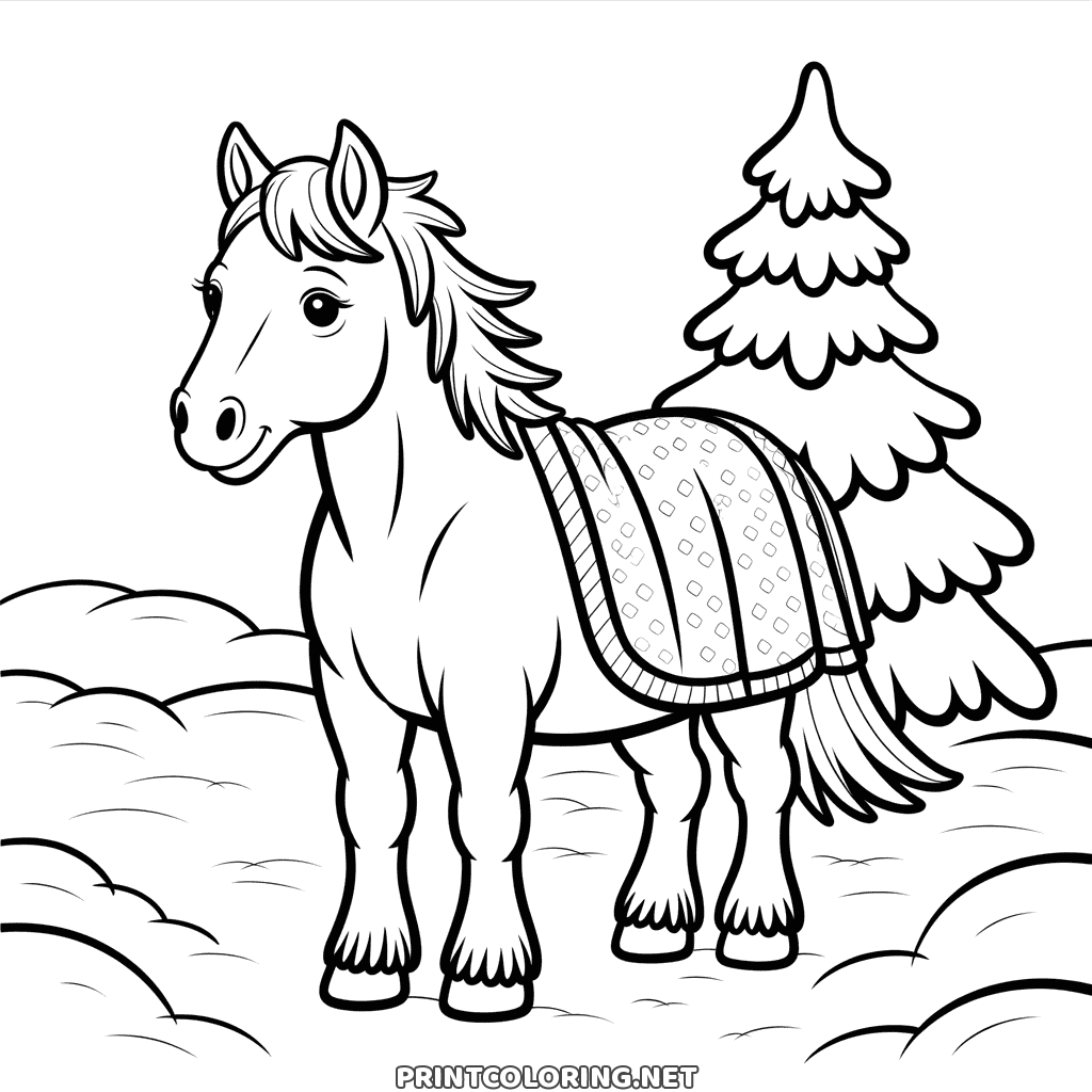 Winter horse coloring page: a horse in a patterned blanket standing in a snowy field