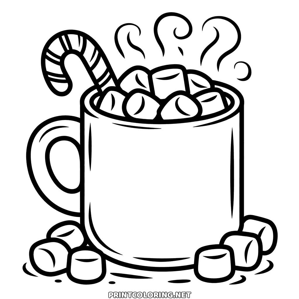 Hot chocolate coloring page: a steaming winter mug piled with marshmallows and a candy cane