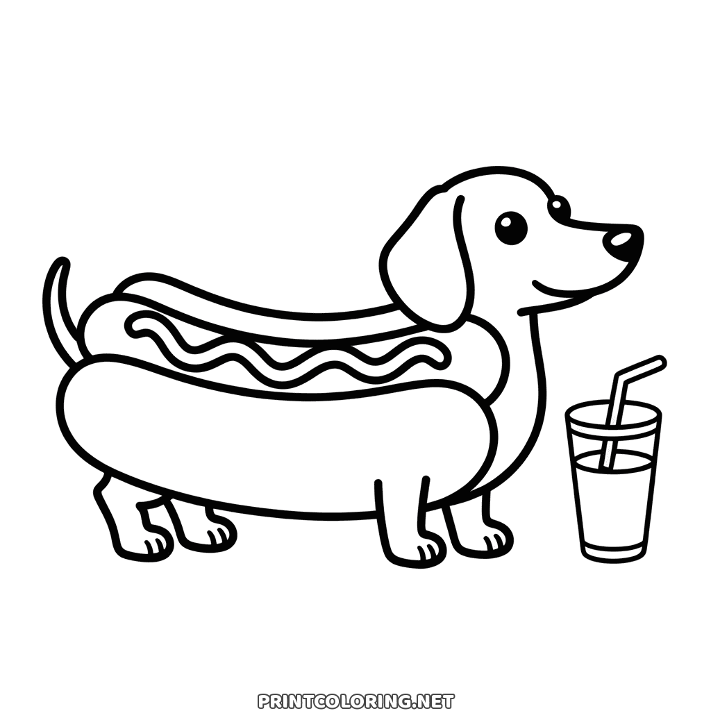 Funny dachshund standing in a hot dog bun with mustard, a cup and straw by its nose, easy dog coloring page
