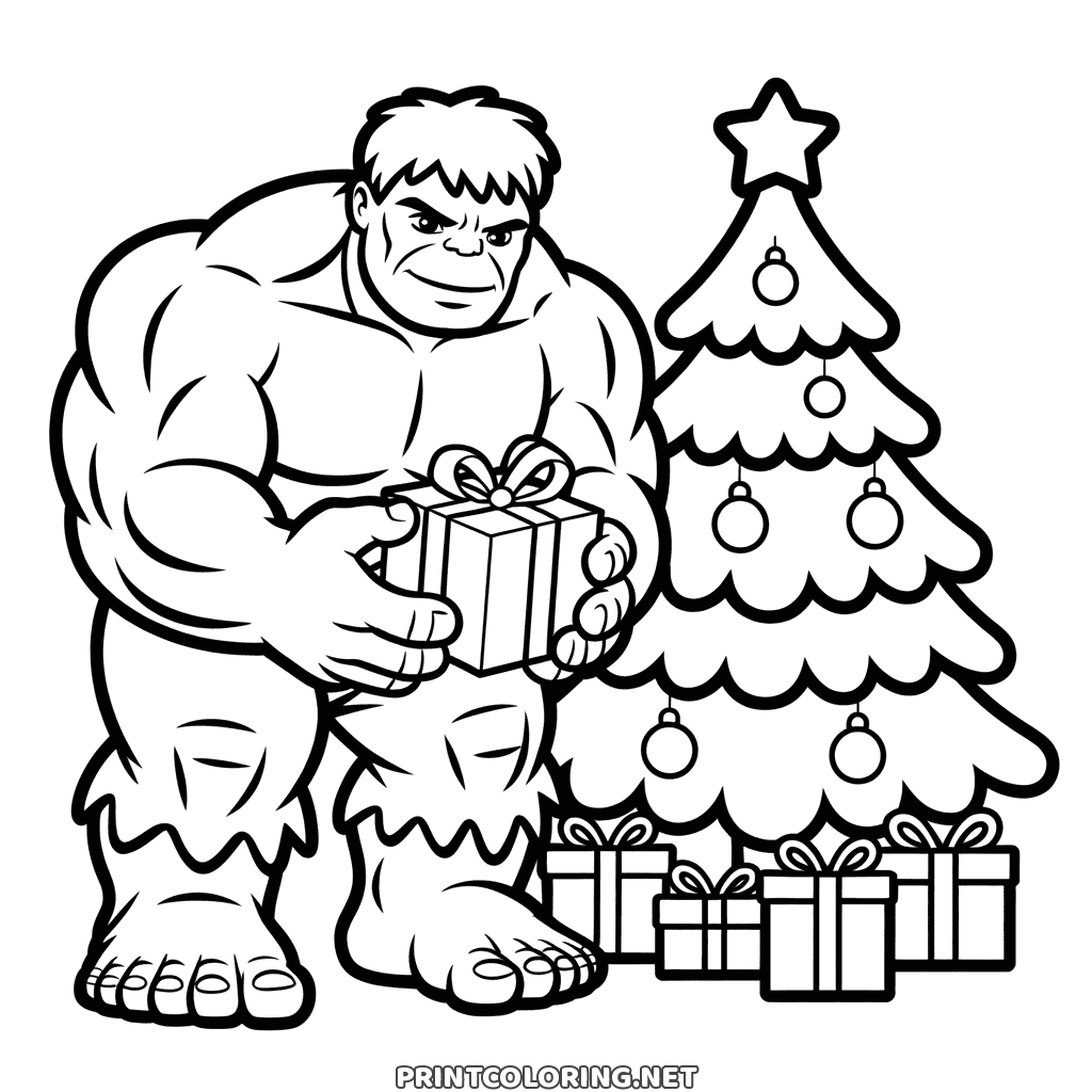 Hulk Ausmalbild zu Weihnachten, der grüne Riese hält ein winziges Geschenk neben einem geschmückten Baum