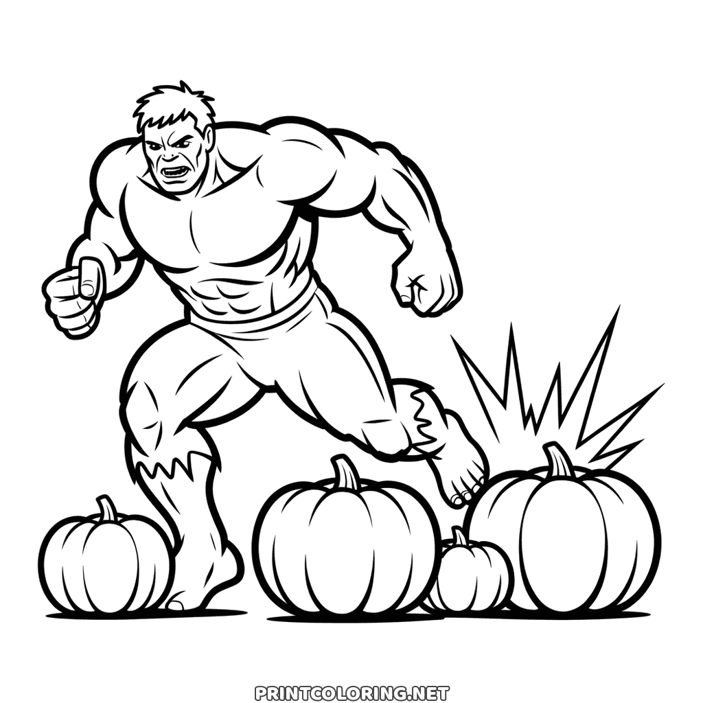 Hulk an Halloween Ausmalbild zum Ausdrucken: ein grüner Riese zwischen Kürbissen