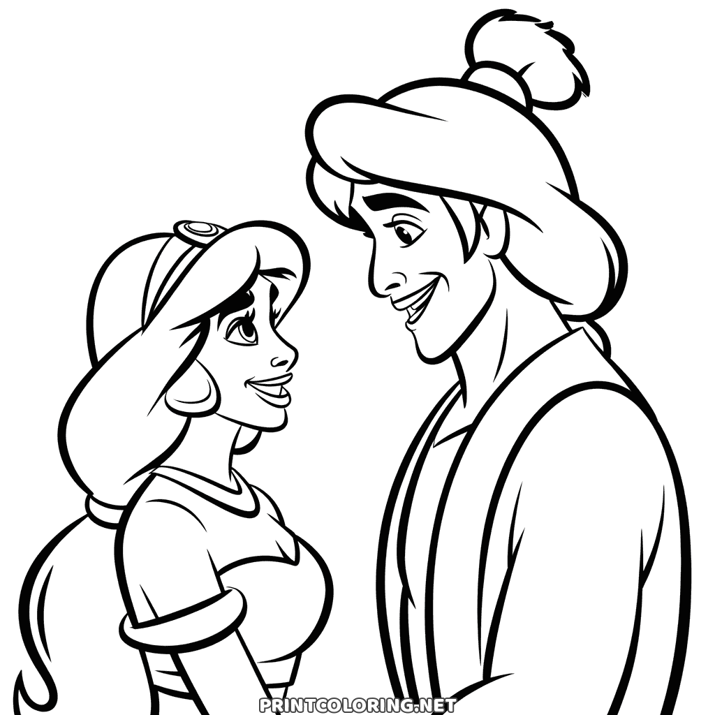 Nærbillede tegning af prinsesse Jasmin, der smiler op til Aladdin med en fjerbusk på hatten