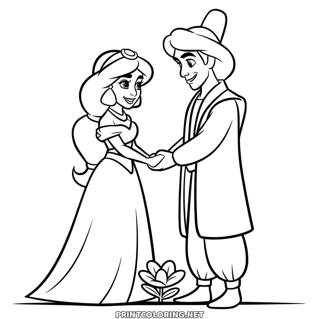Jasmin tegning til børn: prinsessen i lang kjole holder Aladdin i hænderne, en blomst ved deres fødder
