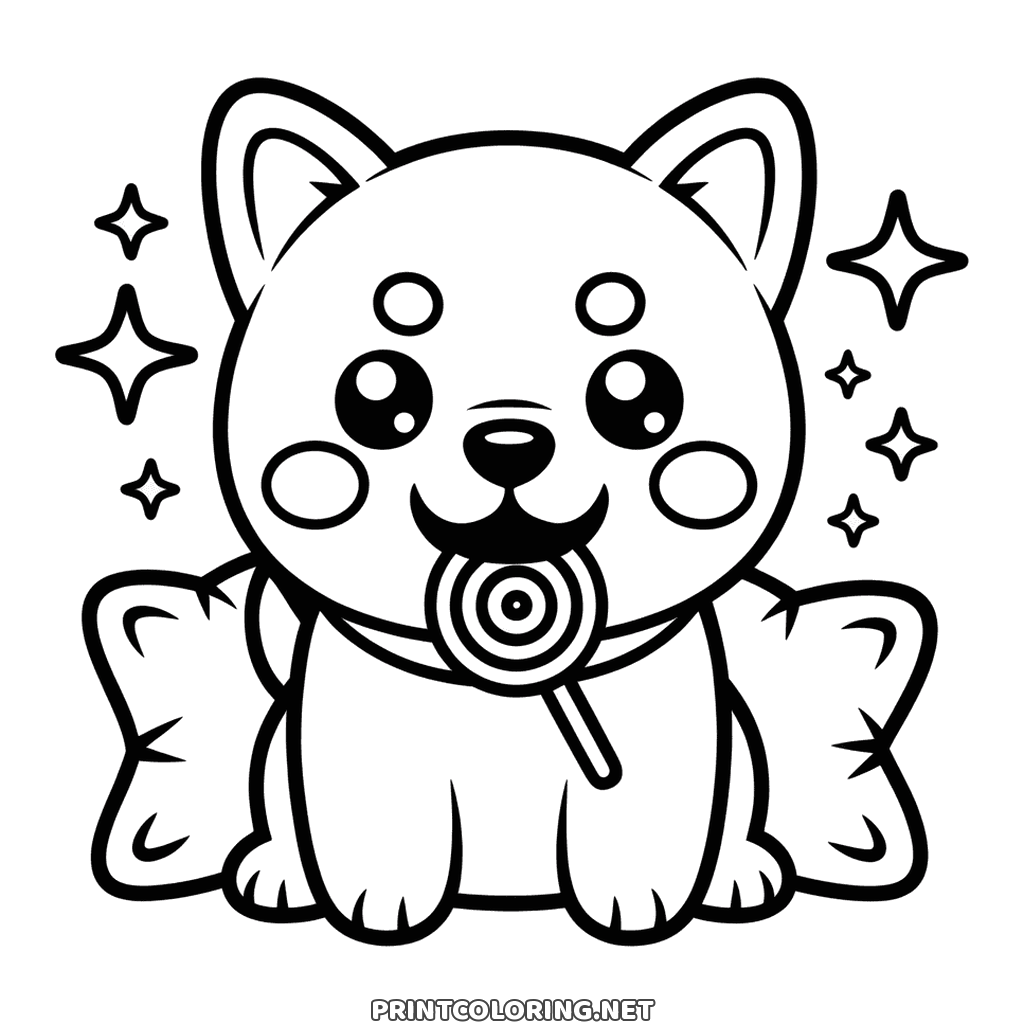 Kawaii-hund målarbild gratis: en rund valp med spiralklubba och gnistrar runt om