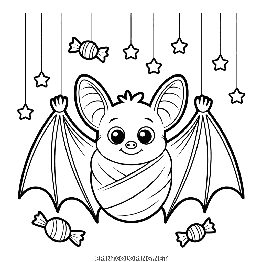 Kawaii Halloween bat with round eyes and open wings under hanging sweets, cute to color