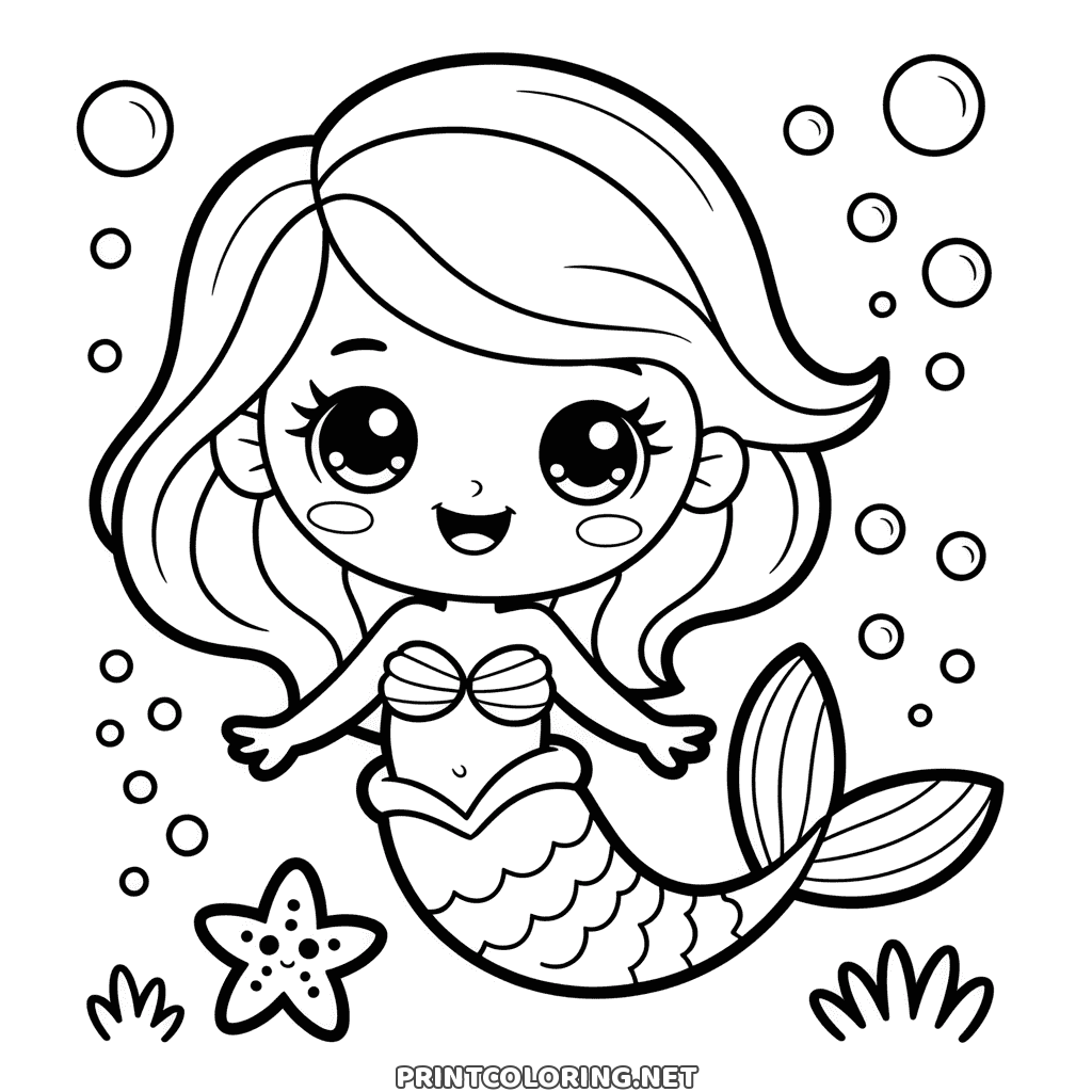 Kawaii mermaid coloring page: a big-eyed smiling mermaid among bubbles and a starfish