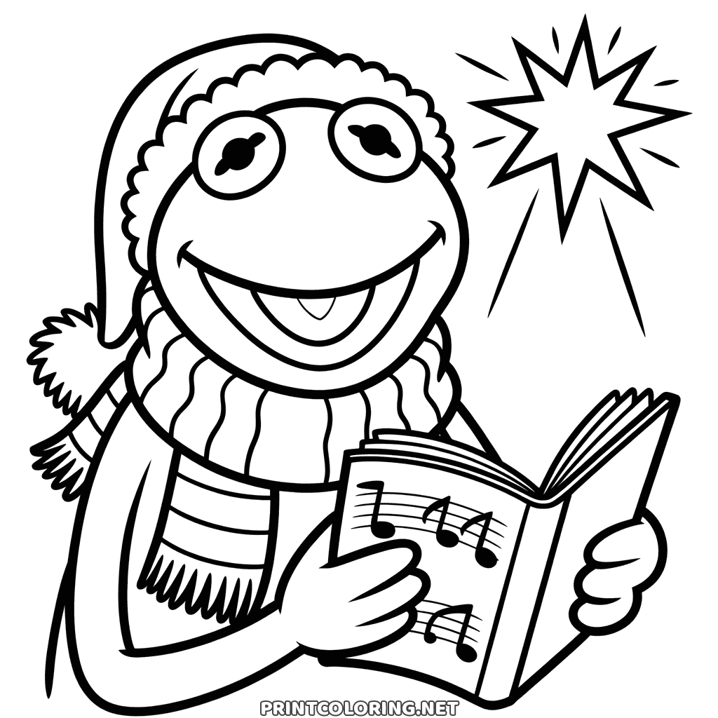 Kermit the Frog sings from a songbook in a Santa hat, Christmas coloring page for kids