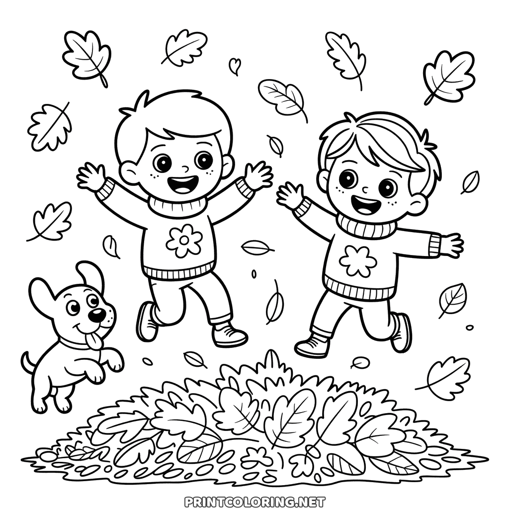 Fröhliches Herbst Ausmalbild: zwei Kinder springen mit einem Welpen in einen Laubhaufen