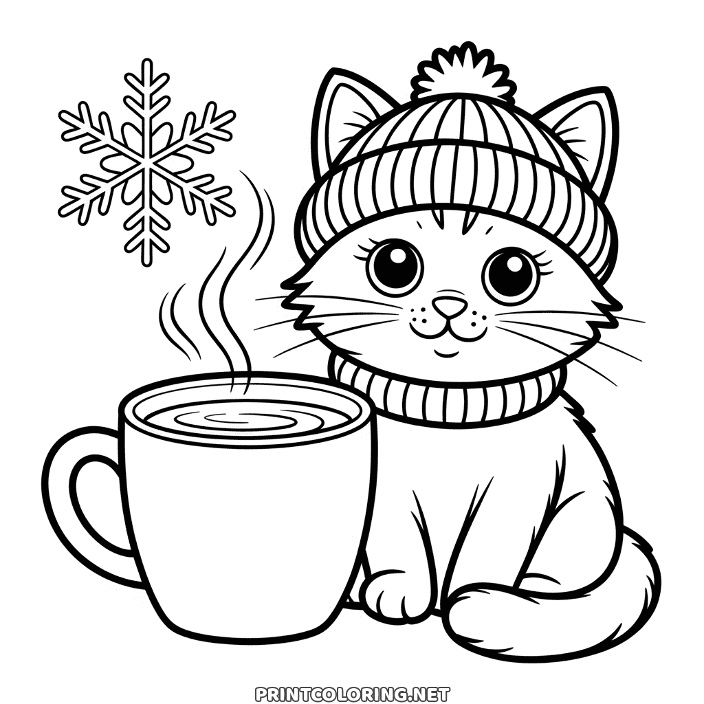 Winter kitten coloring page: a kitten in a knitted hat beside a steaming mug of cocoa
