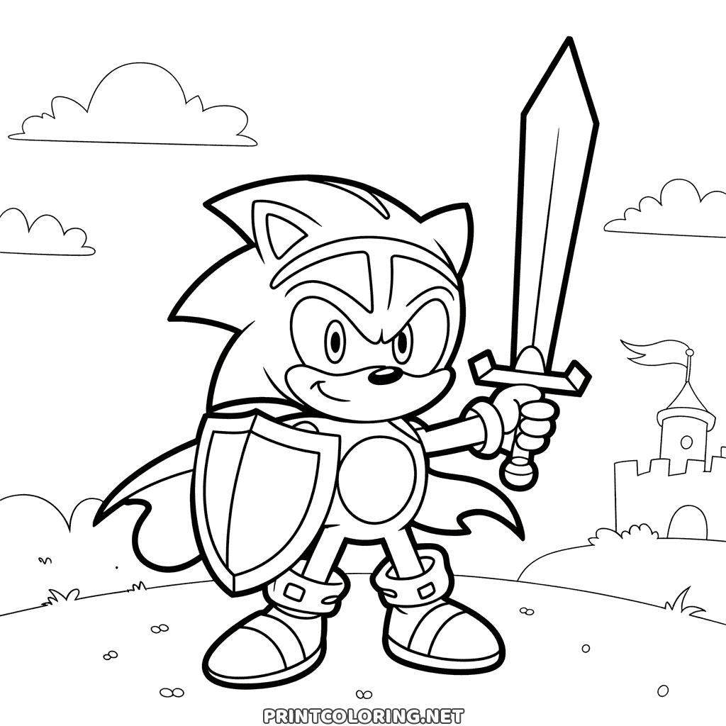 Sonic en armure brandit épée et bouclier devant un petit château, coloriage pour enfant