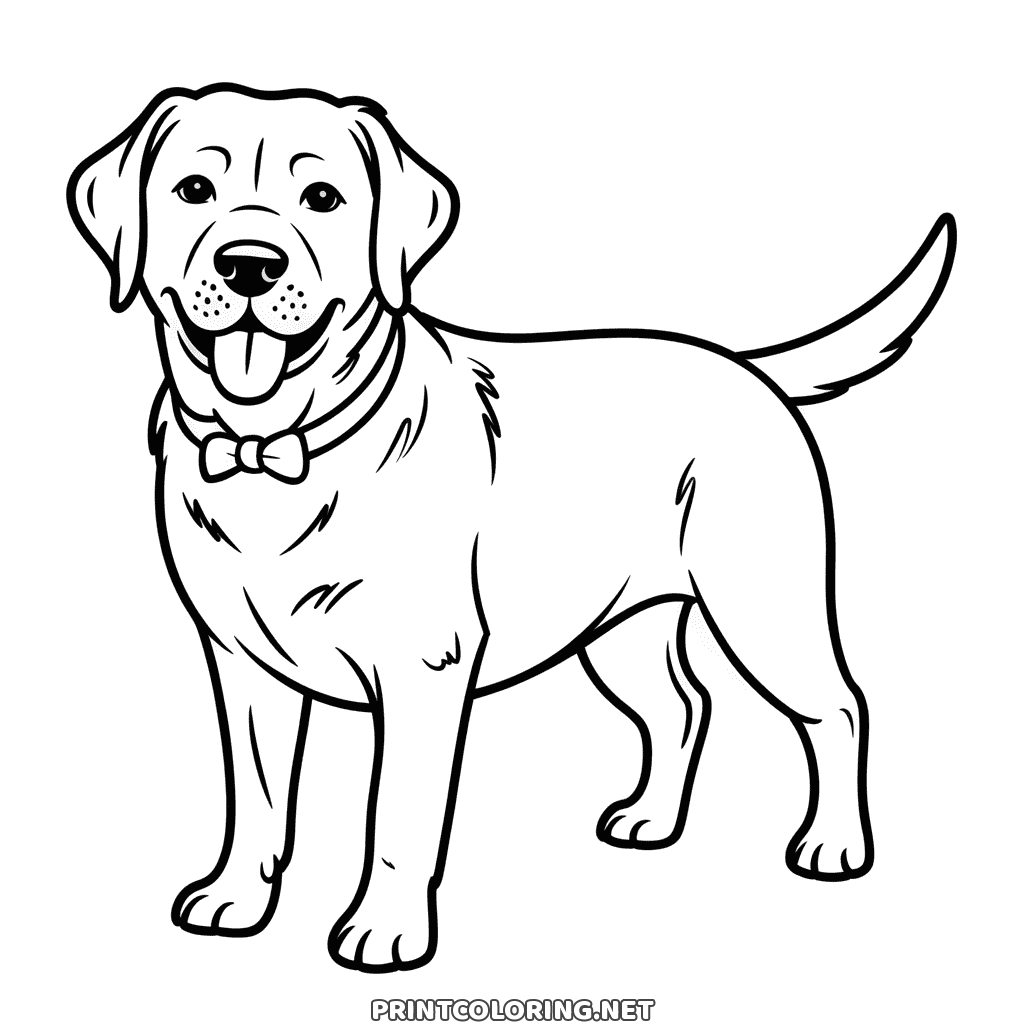 Smiling Labrador with its tongue out and a bow tie on its collar, a dog coloring page for kids