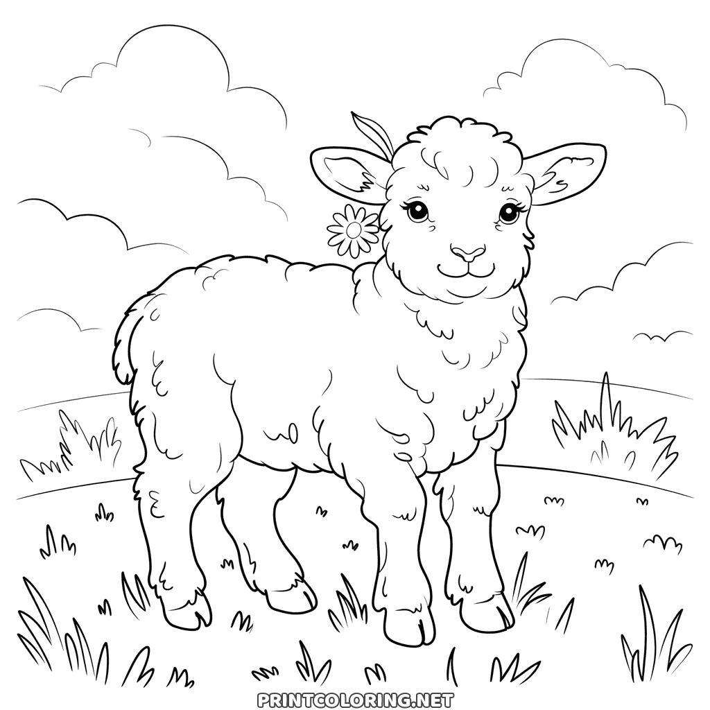 A daisy behind one ear, grass and clouds around a woolly lamb, detailed farm coloring page