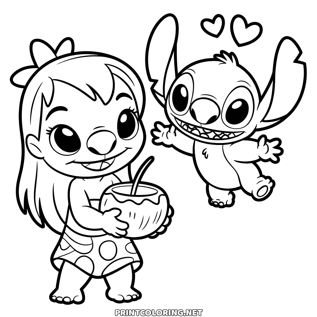 Free coloring page of Lilo holding a coconut drink with Stitch bouncing beside her