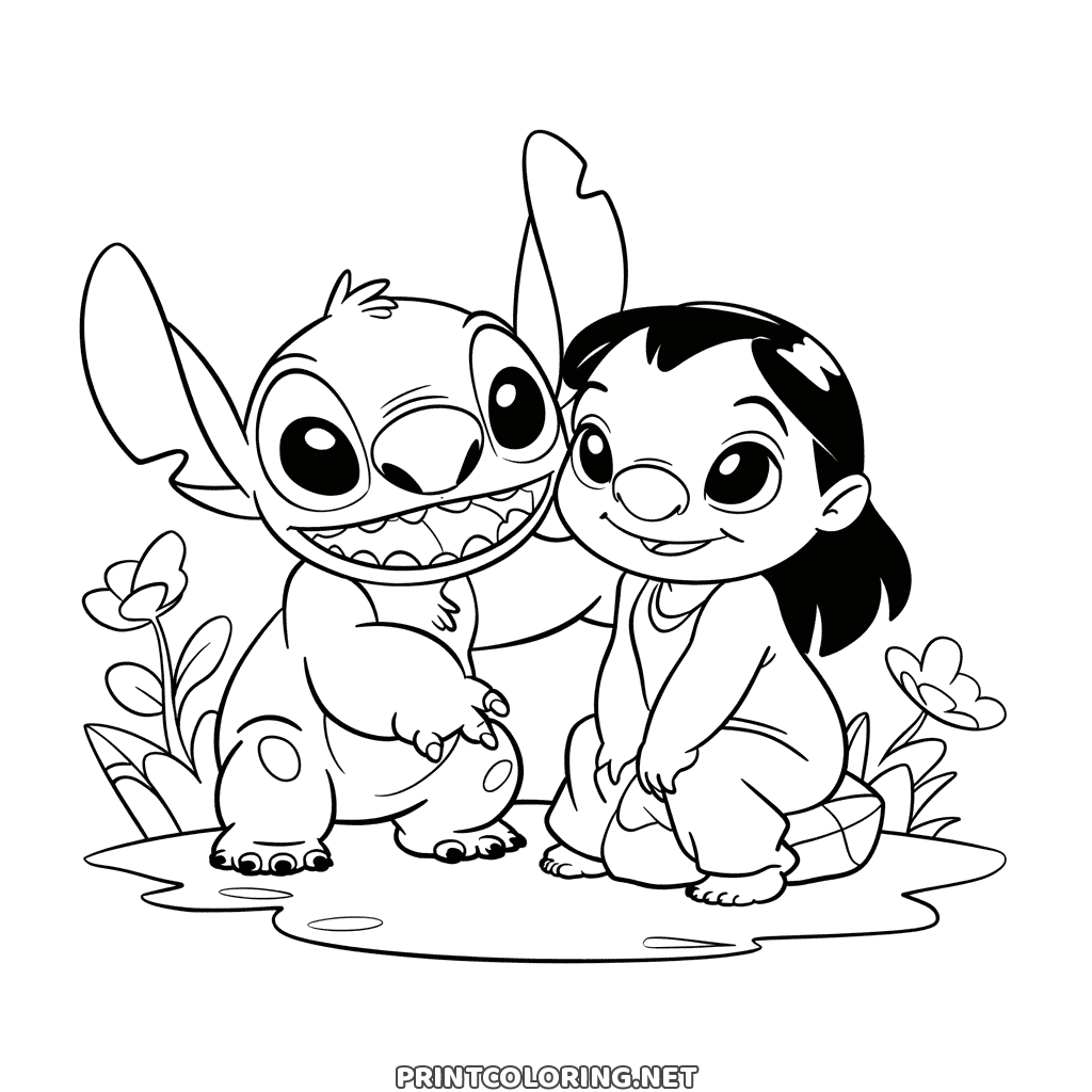 Lilo und Stitch Ausmalbild: Lilo lehnt sich an den grinsenden Stitch, Blumen zu beiden Seiten