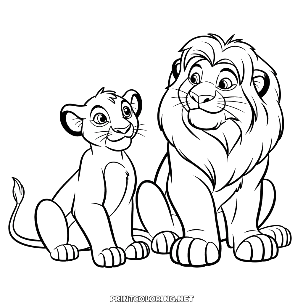 Coloring page of a cub looking up at a big maned lion, both sitting and smiling, from The Lion King