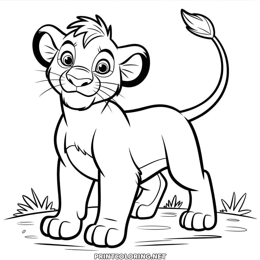Printable coloring page of a curious Lion King cub on bare ground, his tail held high