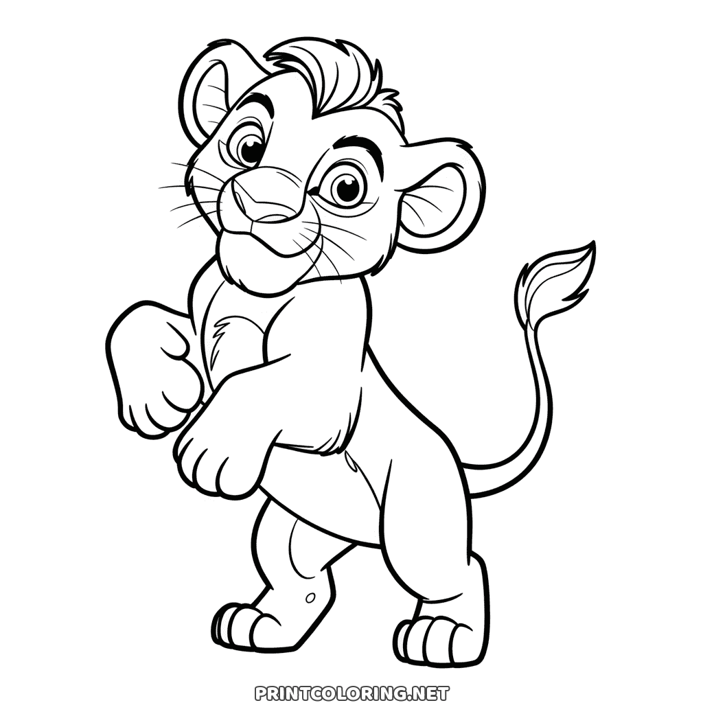 Easy coloring page of a playful Lion King cub up on his back legs, front paws raised