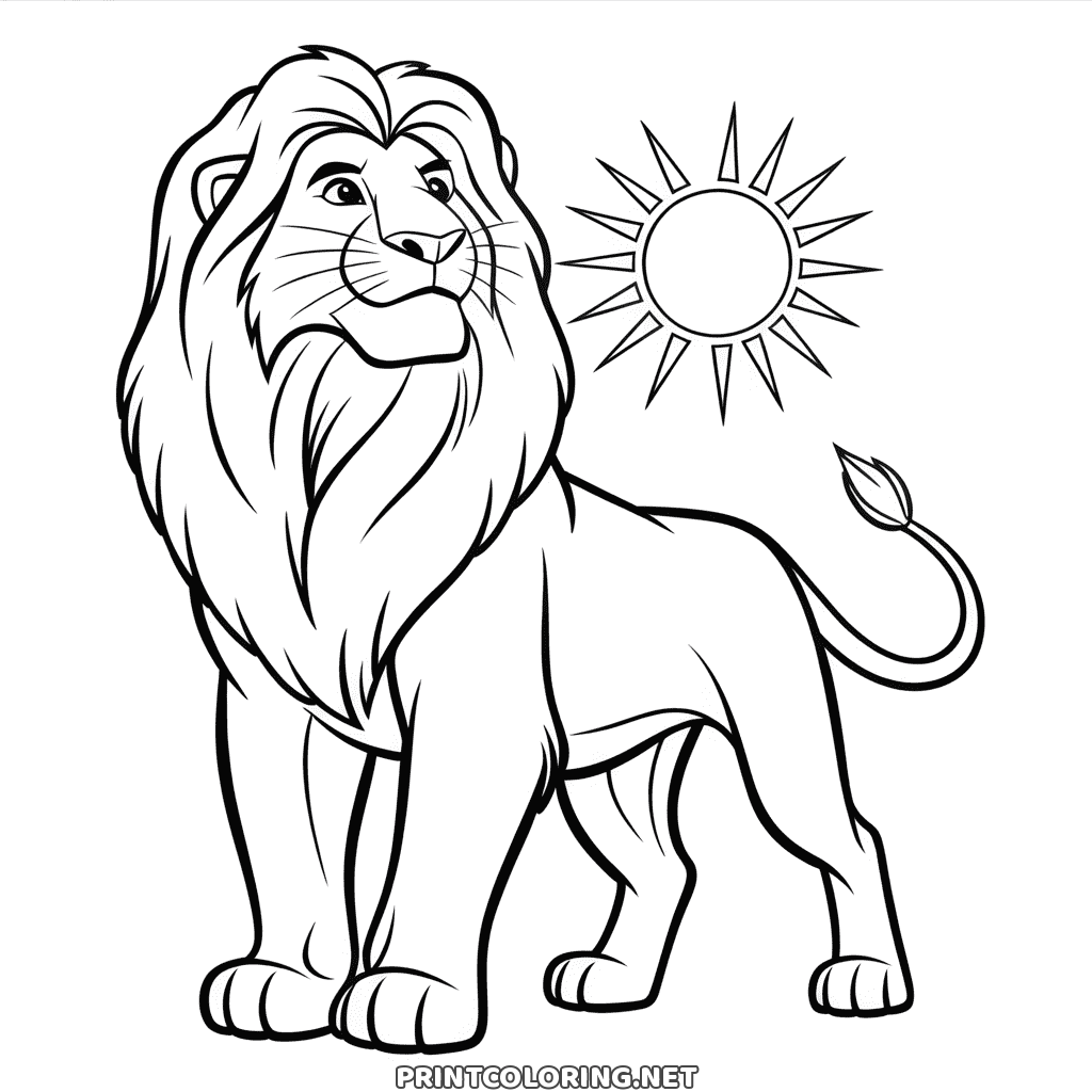 Proud grown lion with a long flowing mane under a big sun, a Lion King scene to color