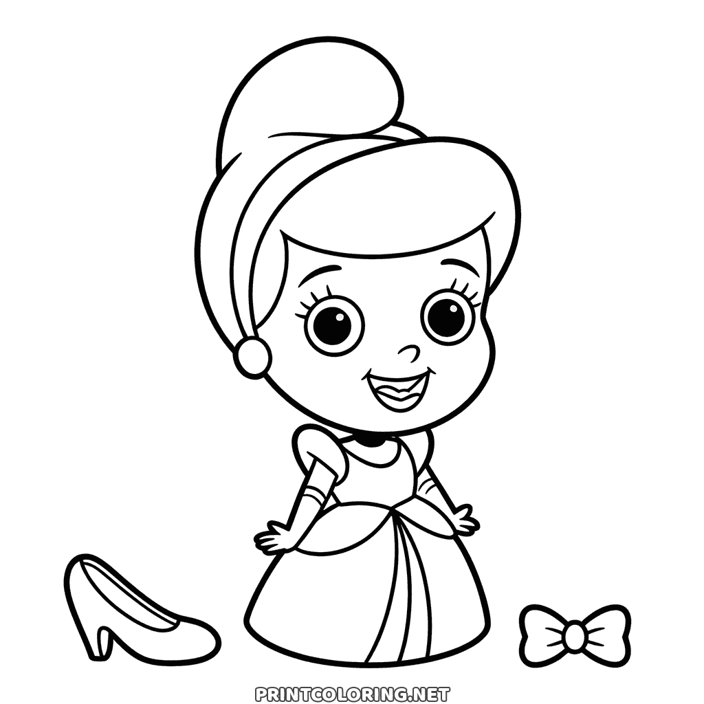 Little Cinderella coloring page: a chibi princess with big round eyes, a glass slipper and a ribbon bow