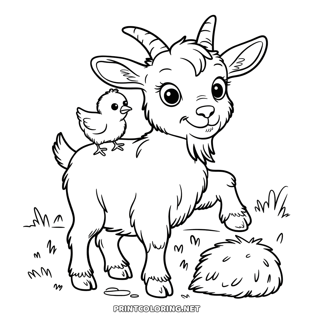 With a chick perched on its back and hay beside it, a little goat on a farm animal coloring page