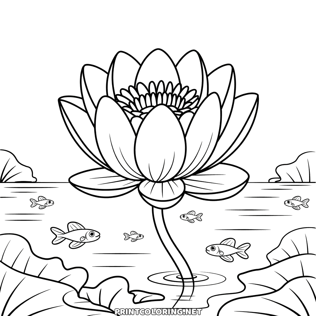 Lotus flower coloring page: a lotus blooming over a pond, small fish swimming around it