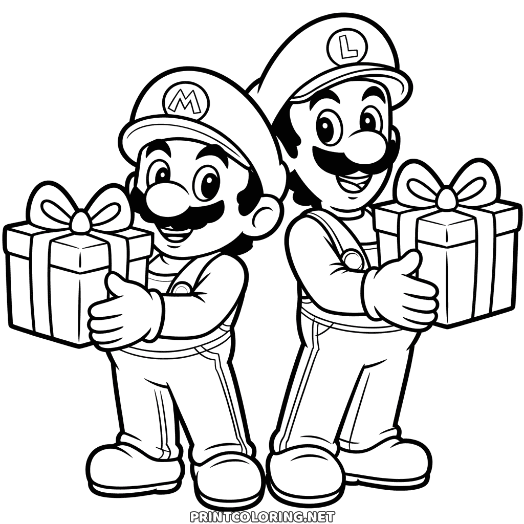 Mario and Luigi Christmas coloring page, the brothers side by side each holding a wrapped gift
