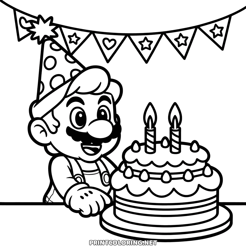 Fröhliche Malvorlage zum Mario Geburtstag: Mario mit Partyhut neben einer Torte mit zwei Kerzen