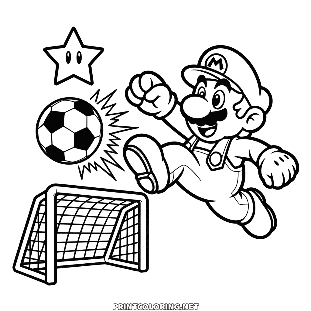 Mario Fußball Ausmalbild zum Ausdrucken: Mario schießt einen Ball aufs Tor, ein Stern schaut zu