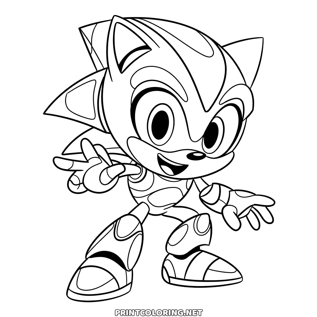 Mecha Sonic coloring page: a robot Sonic covered in armour plates striking a pose