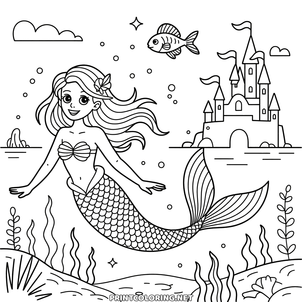 Fairy-tale mermaid coloring page: a mermaid swimming with arms open, a castle on an island behind