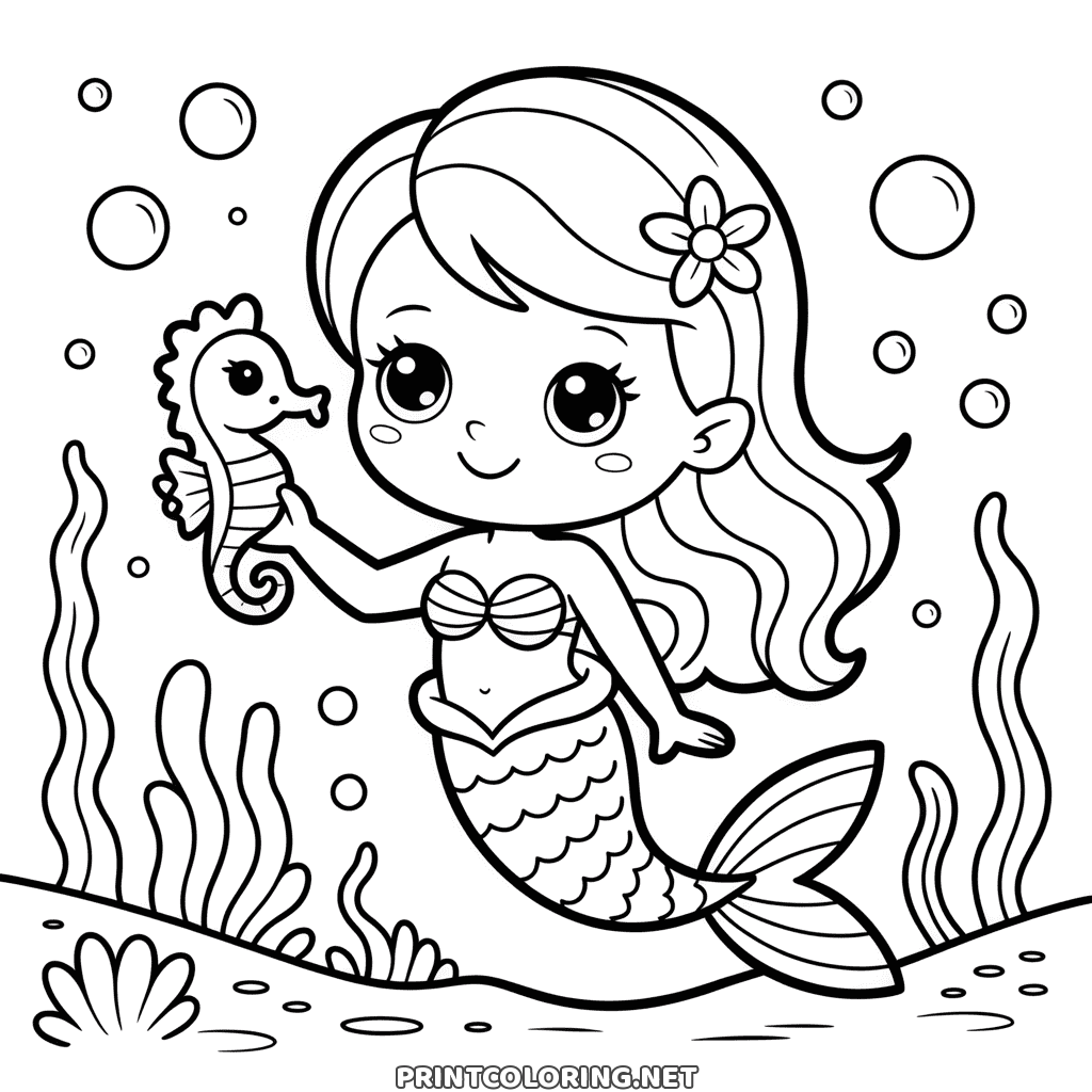 Mermaid and seahorse coloring page: a smiling mermaid holding a seahorse among seaweed
