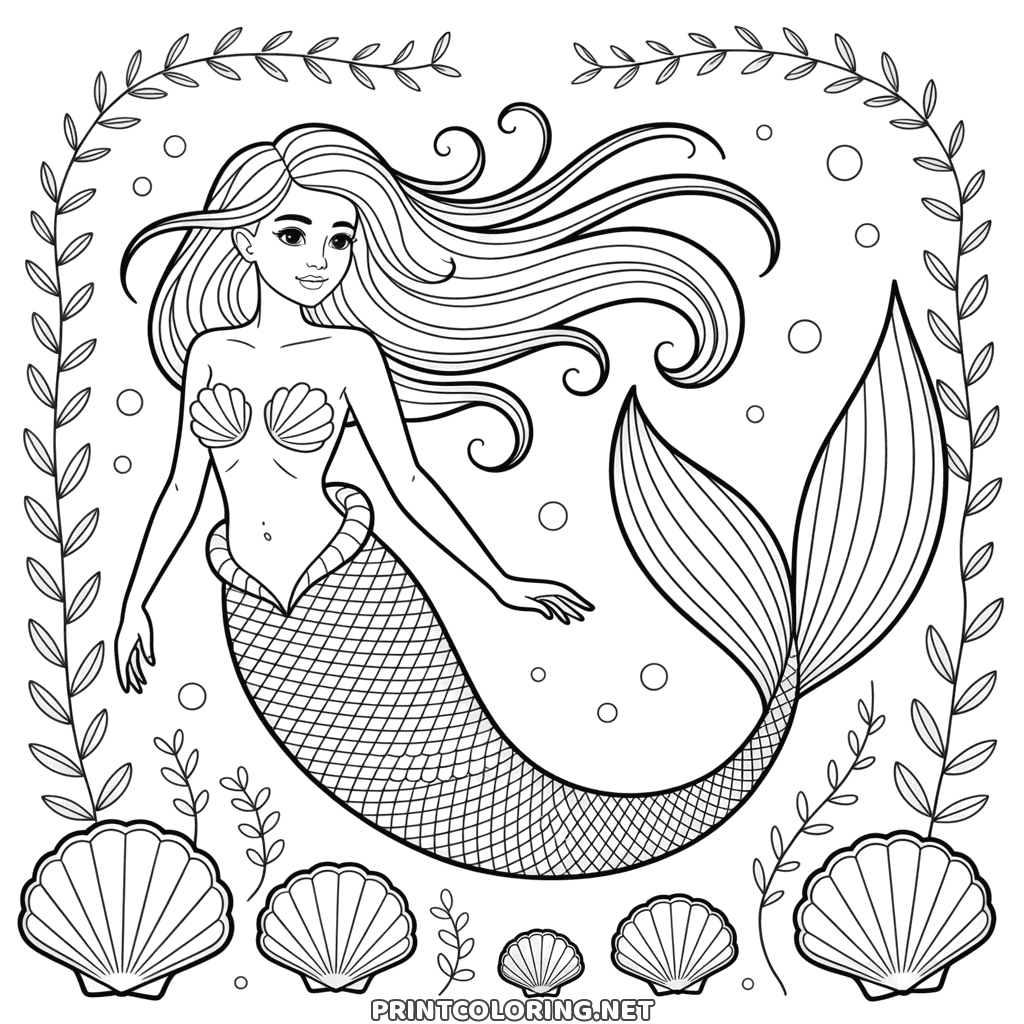 Mermaid coloring page for adults: long flowing hair, a net-patterned tail and a frame of vines