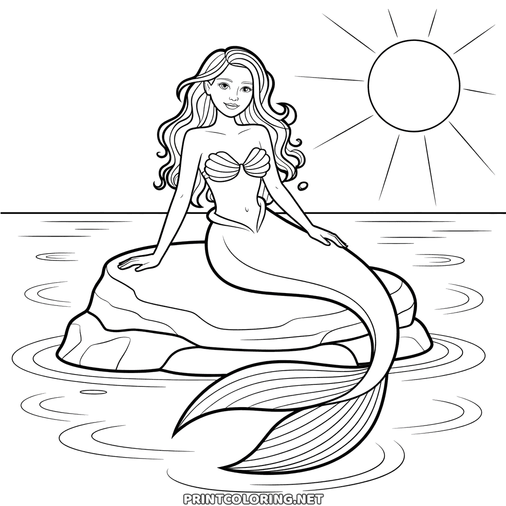 Realistic mermaid coloring page with the mermaid sitting on a rock in a calm sea under the sun