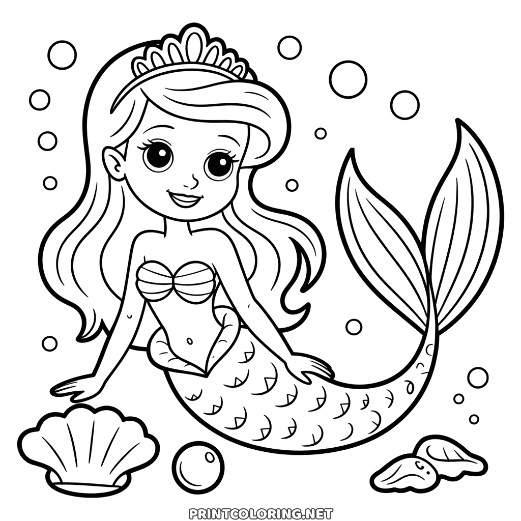 Mermaid princess coloring page: a mermaid with a tiara sitting beside a big shell and a bubble